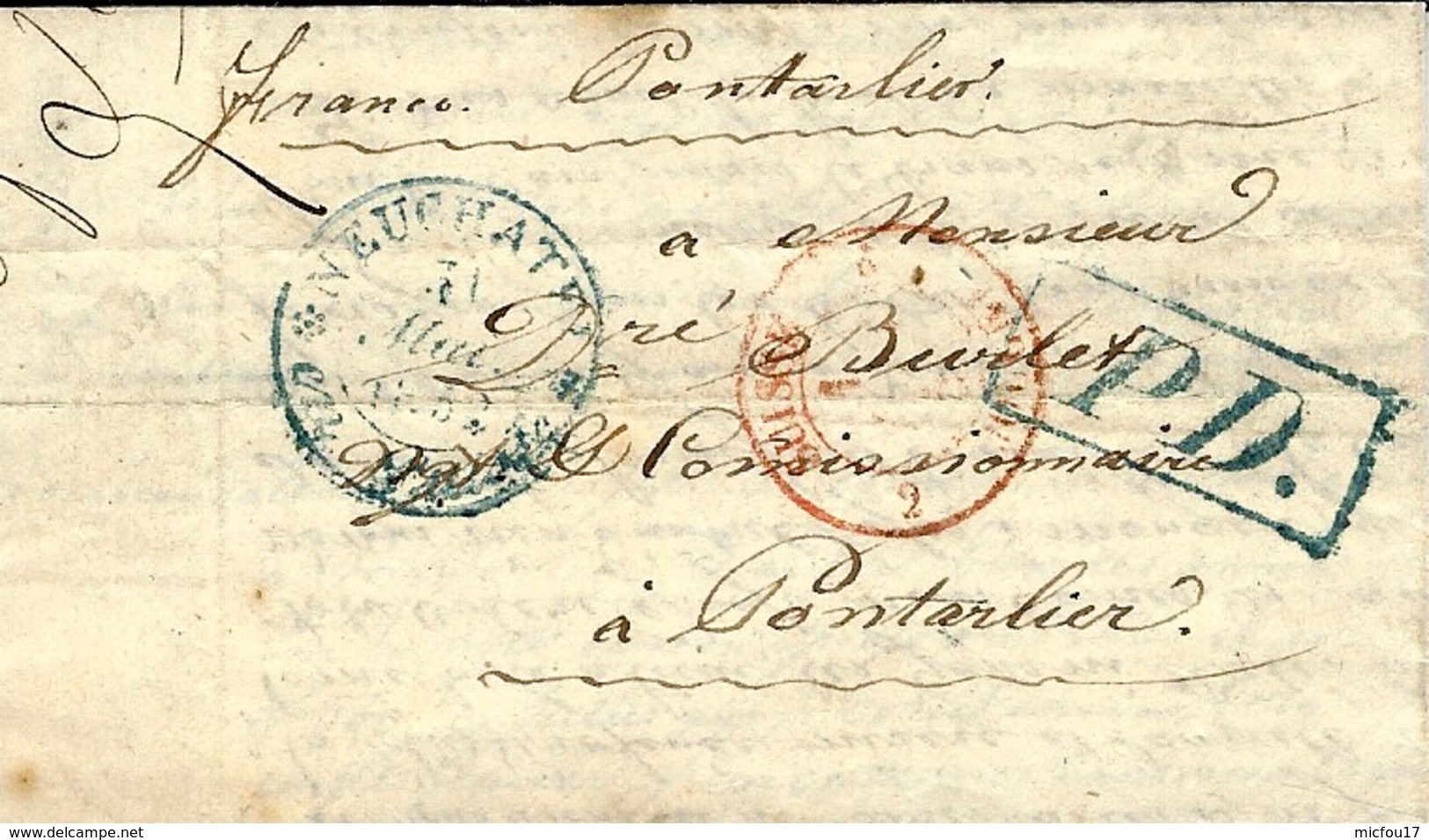 1852- Lettre En Port Payè  De Neuchâtel ( Suisse ) "franco Pontarlier " Manuscrit + P.D. Bleu Encadré - 1843-1852 Timbres Cantonaux Et  Fédéraux