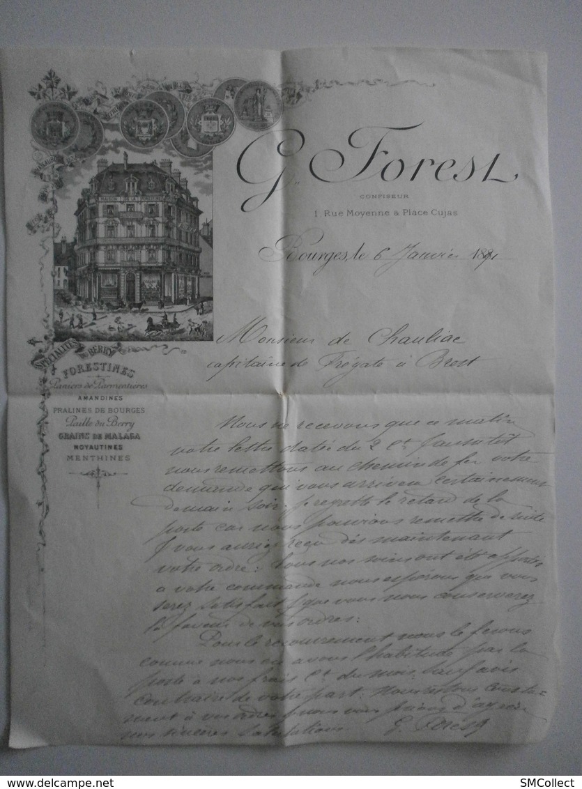 18 Bourges, Lettre De G. Forest, Confiseur, Au Capitaine De Frégate De Chauliac. Le 6 Janvier 1891 - 1800 – 1899