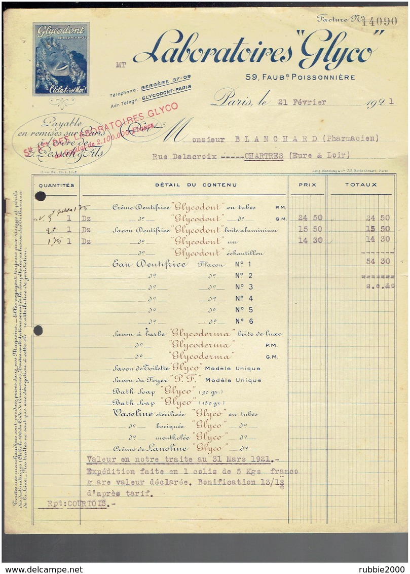FACTURE 1921 LABORATOIRES GLYCO DENTIFRICE SAVON VASELINE 59 FAUBOURG POISSONNIERE A PARIS - 1900 – 1949