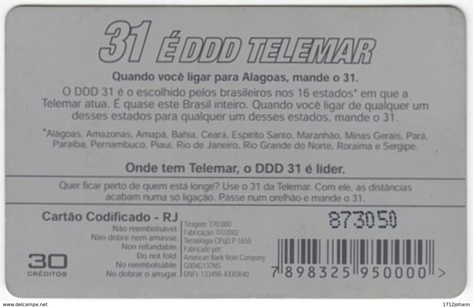 BRASIL E-306 Magnetic Telemar - Used - Brésil