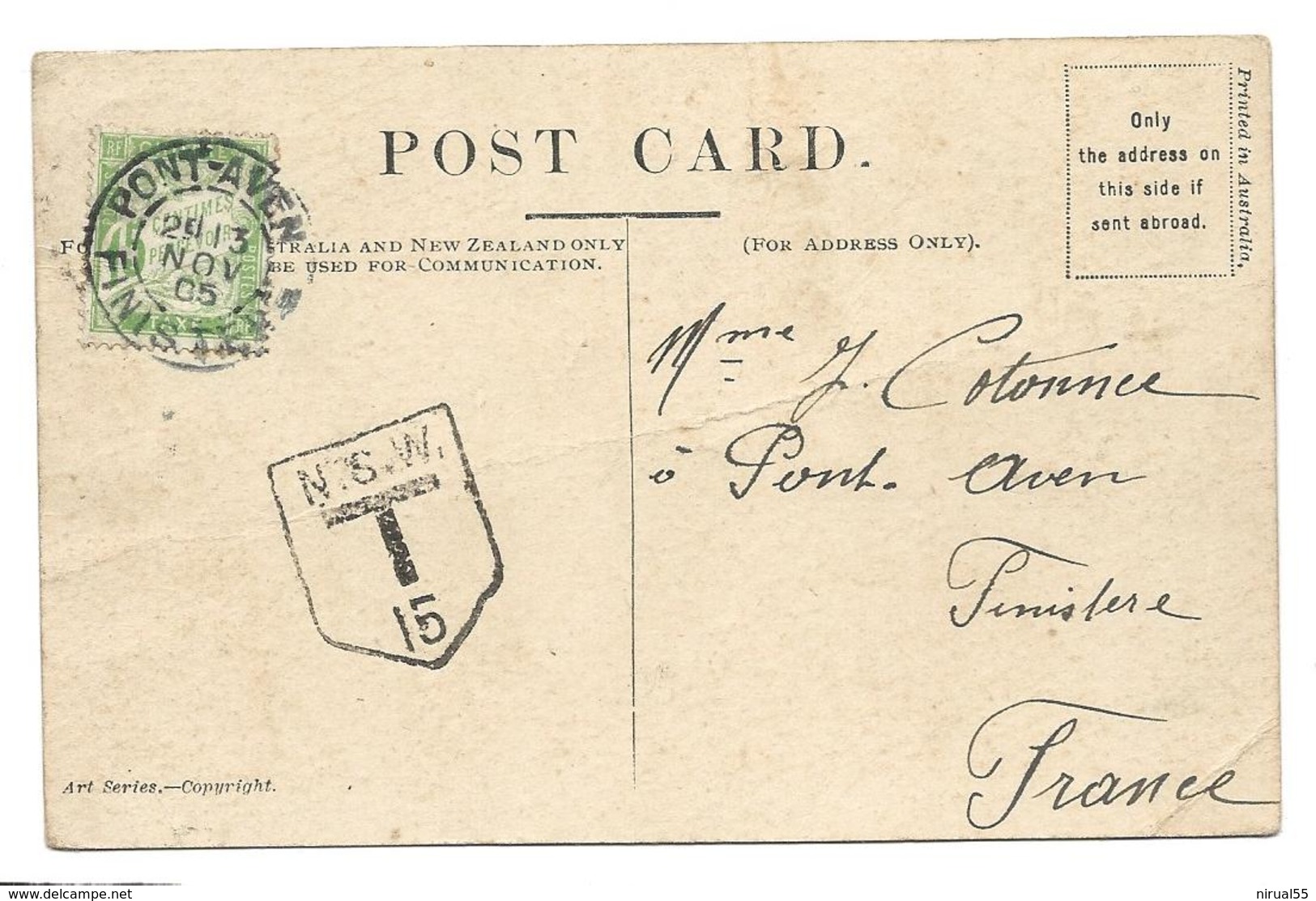 SYDNEY Australie Sur Timbre 1D 1905 Pour France Verso Timbre Taxe 15c N° 30 Yvert + Cachet N.S.W. T 15 ...G - Cartas & Documentos