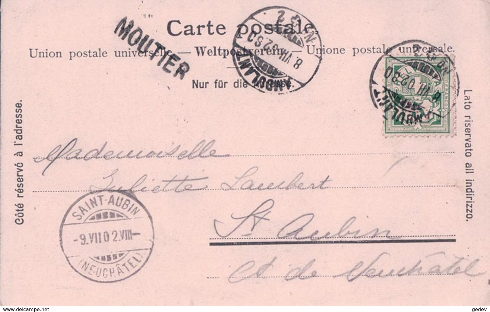 Moutier BE, Cachet Linéaire MOUTIER (9.7.1902) - Moutier