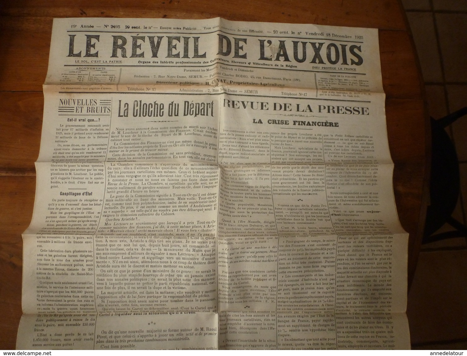 1925 LE REVEIL DE L'AUXOIS: Kultepe (près De Césarée); Drame à Sarreguemines;Gaspillage De L'Etat  ;etc - Autres & Non Classés