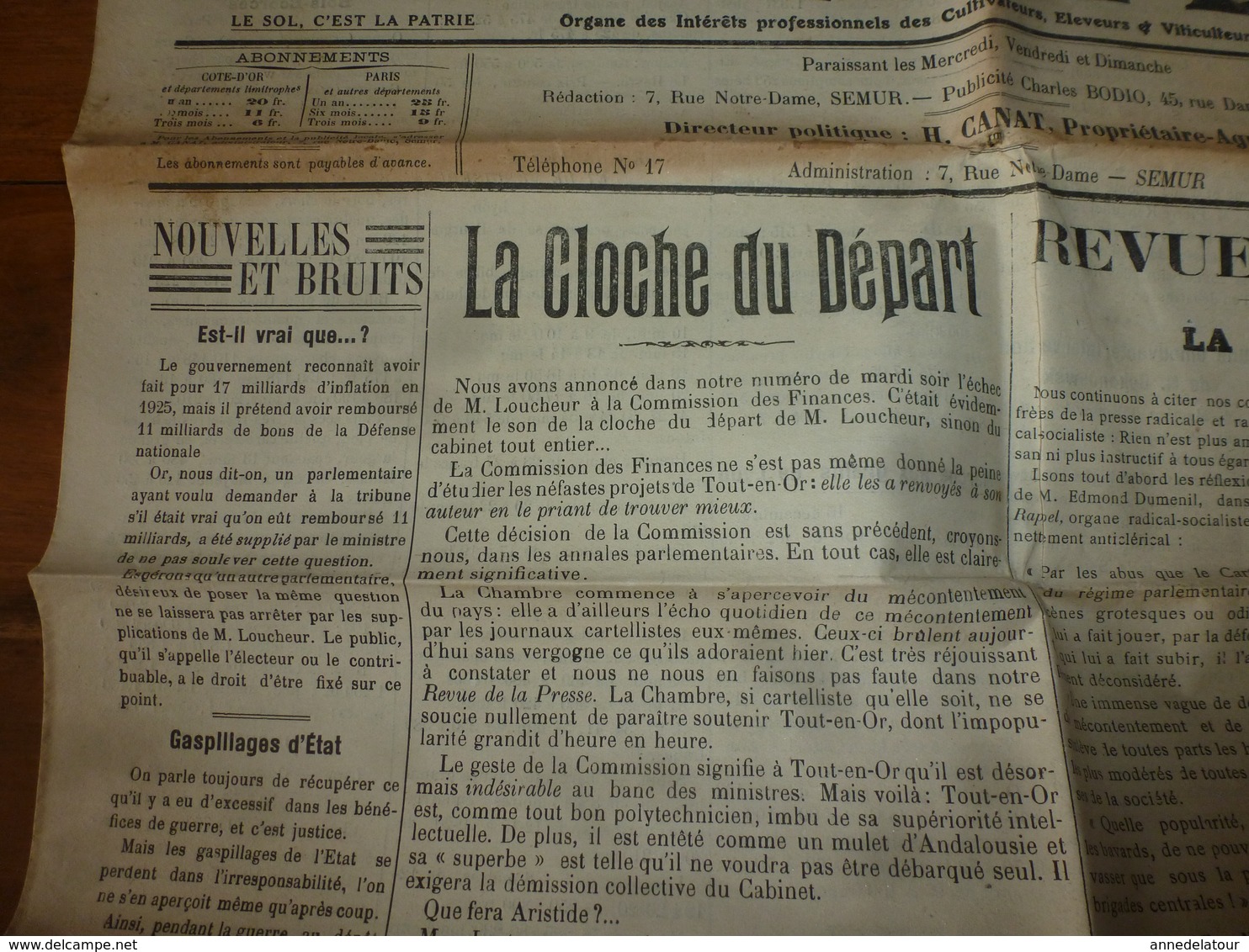 1925 LE REVEIL DE L'AUXOIS: Kultepe (près De Césarée); Drame à Sarreguemines;Gaspillage De L'Etat  ;etc - Autres & Non Classés