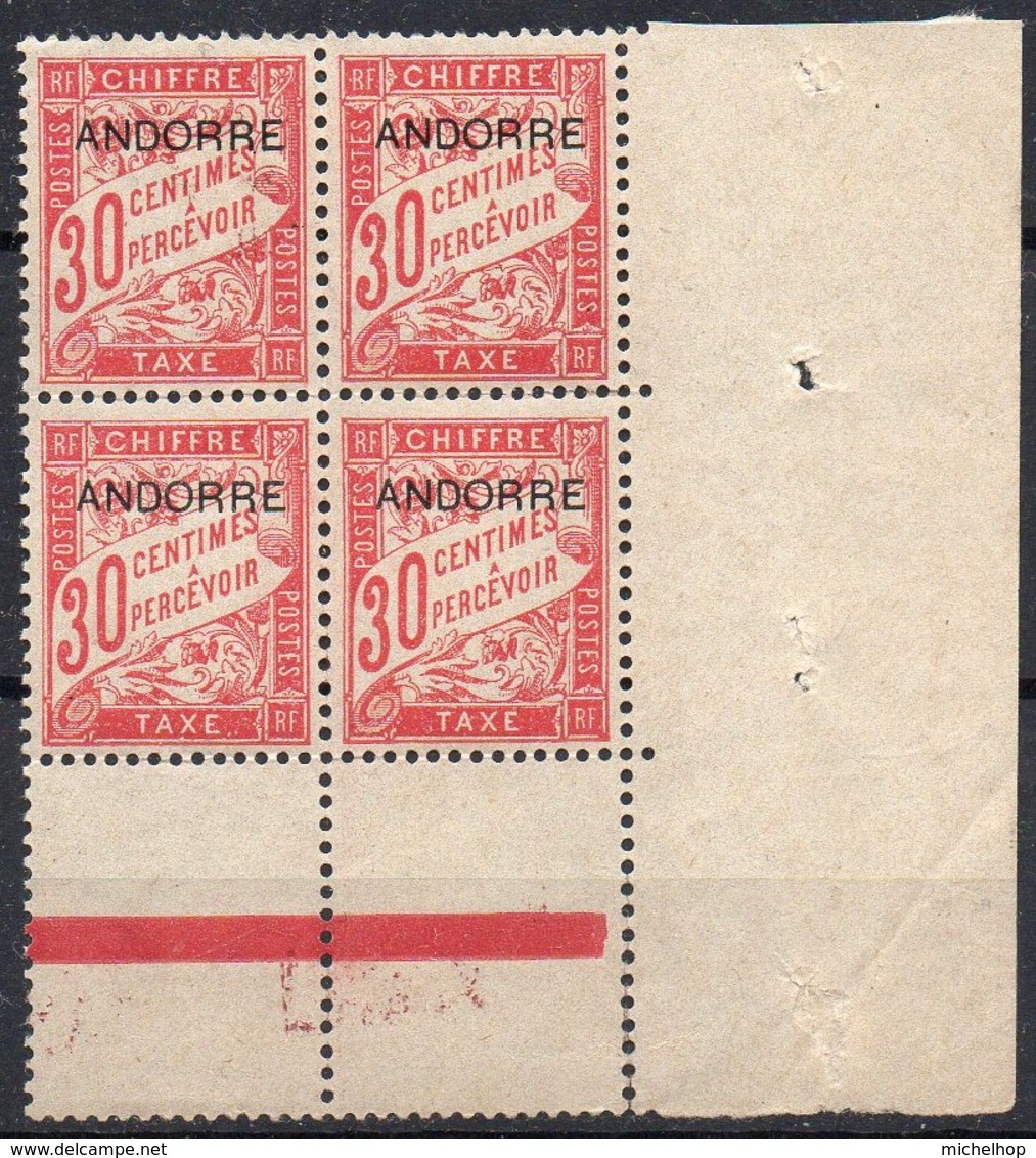 Andorre Français - Taxe N° 3 XX (neuf Sans Charnière) En Bloc De 4 Coin De Feuille - Neufs