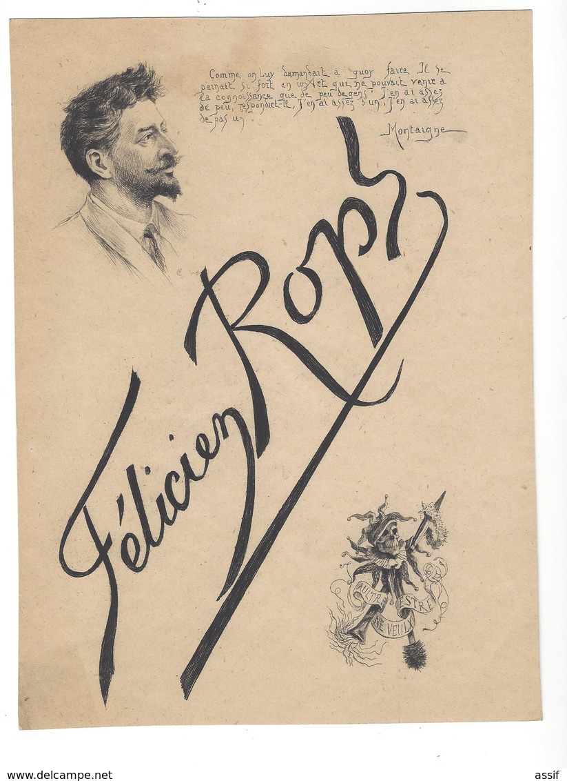 FELICIEN ROPS 1833 - 1898 Portrait  C F  Citation Montaigne Marotte Macabre " Aultre Estre Ne Veulx " - Lithographies