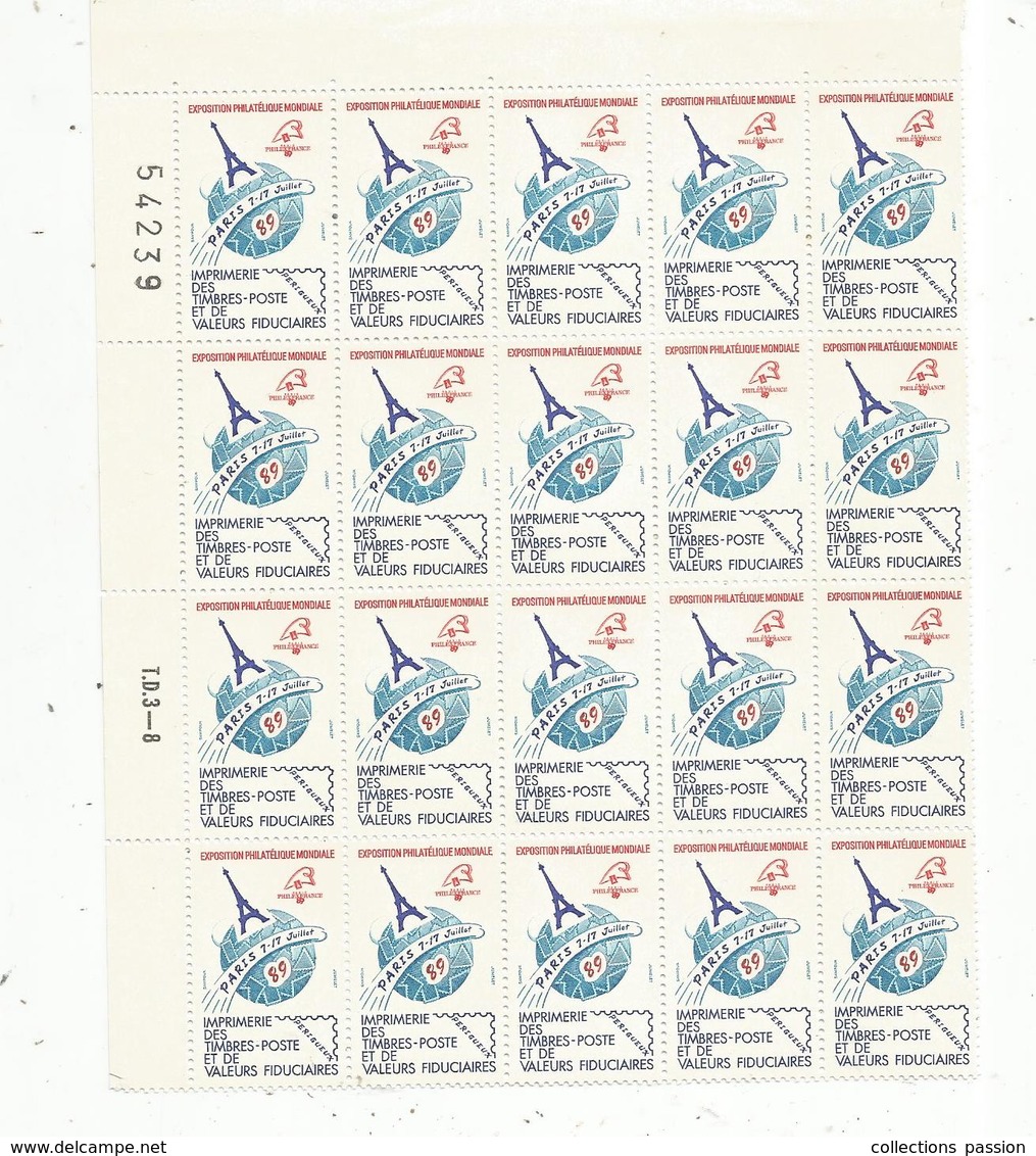 Erinnophilie,bloc 20 Vignettes, Imp. Timbres Poste Et Valeurs Fiduciaires ,Périgueux ,Paris 1989 ,frais Fr 1.95 € - Philatelic Fairs