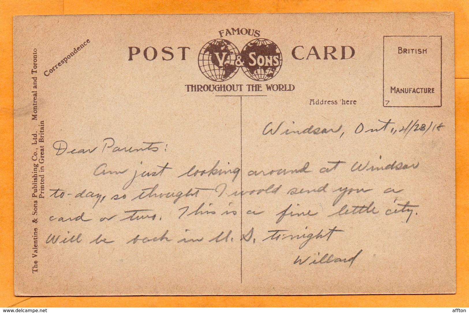 Windsor Ontario Canada 1908 Postcard - Windsor