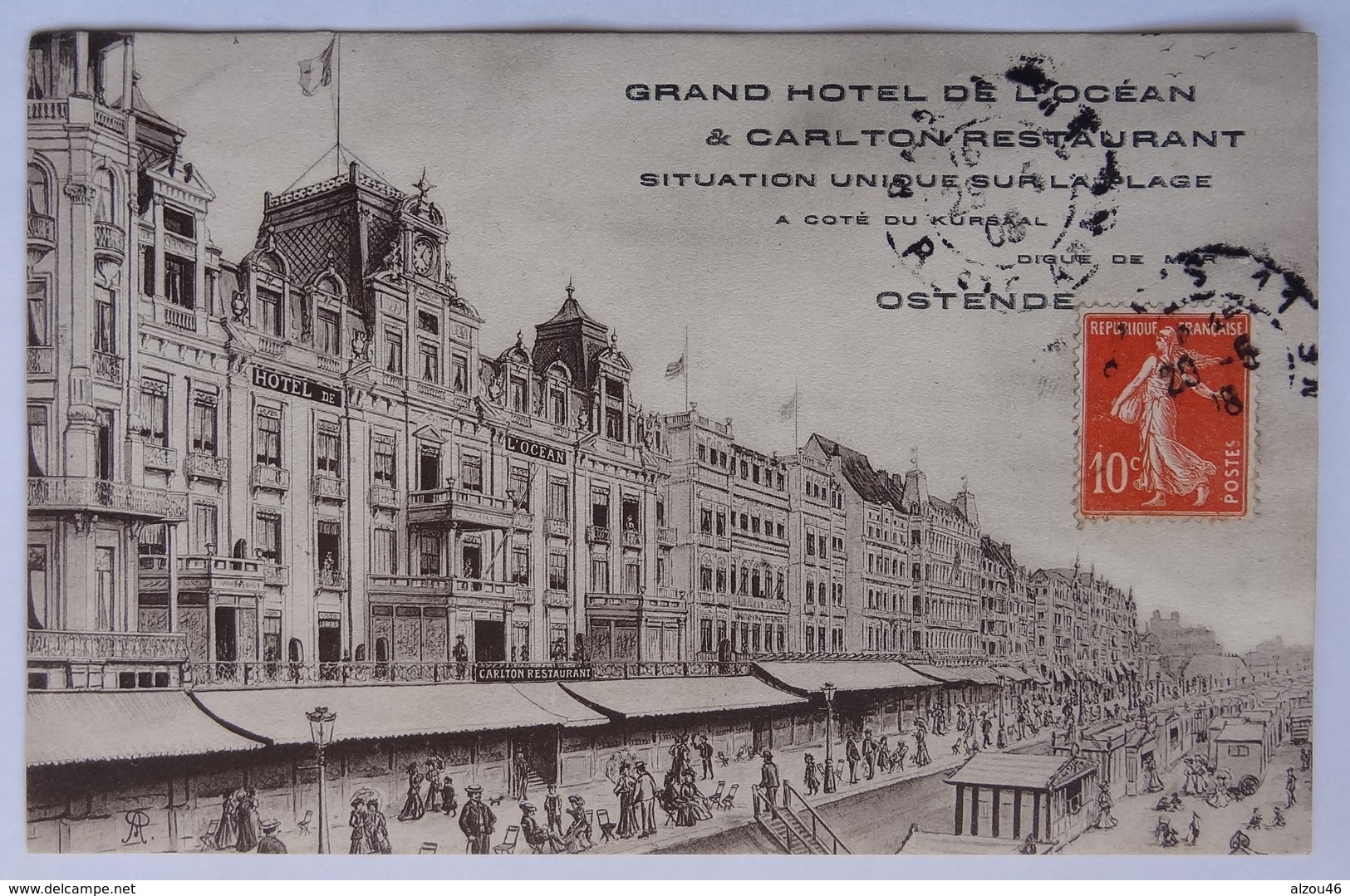 Oostende, Ostende, Hôtel De L'Océan Et Carlton Restaurant, Digue - Illustrateur, 1908, Cpa, Postkaart - éditeur Michau - Oostende