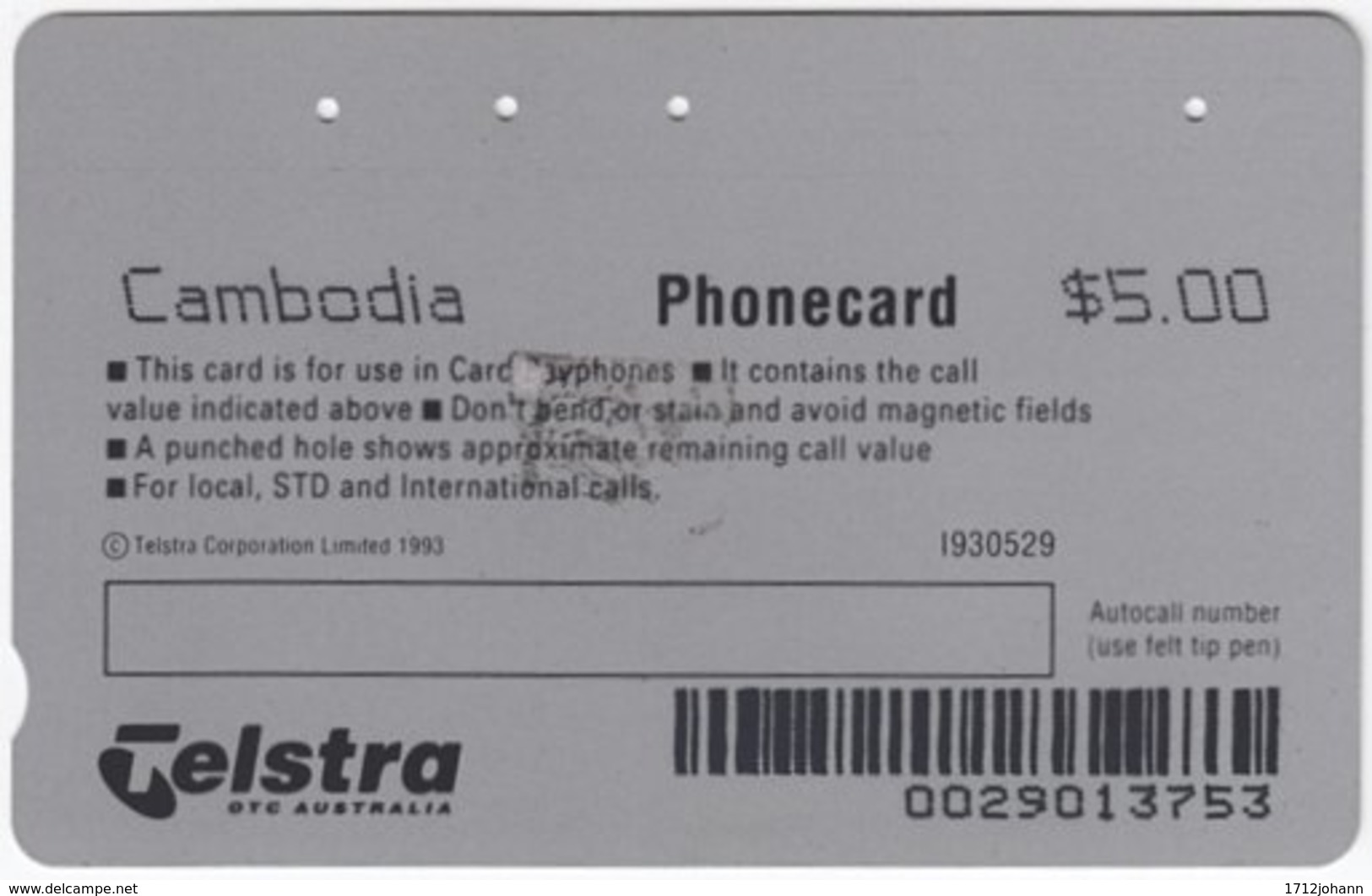 CAMBODIA A-029 Magnetic Telstra - Communication, Satellite - Used - Cambodge