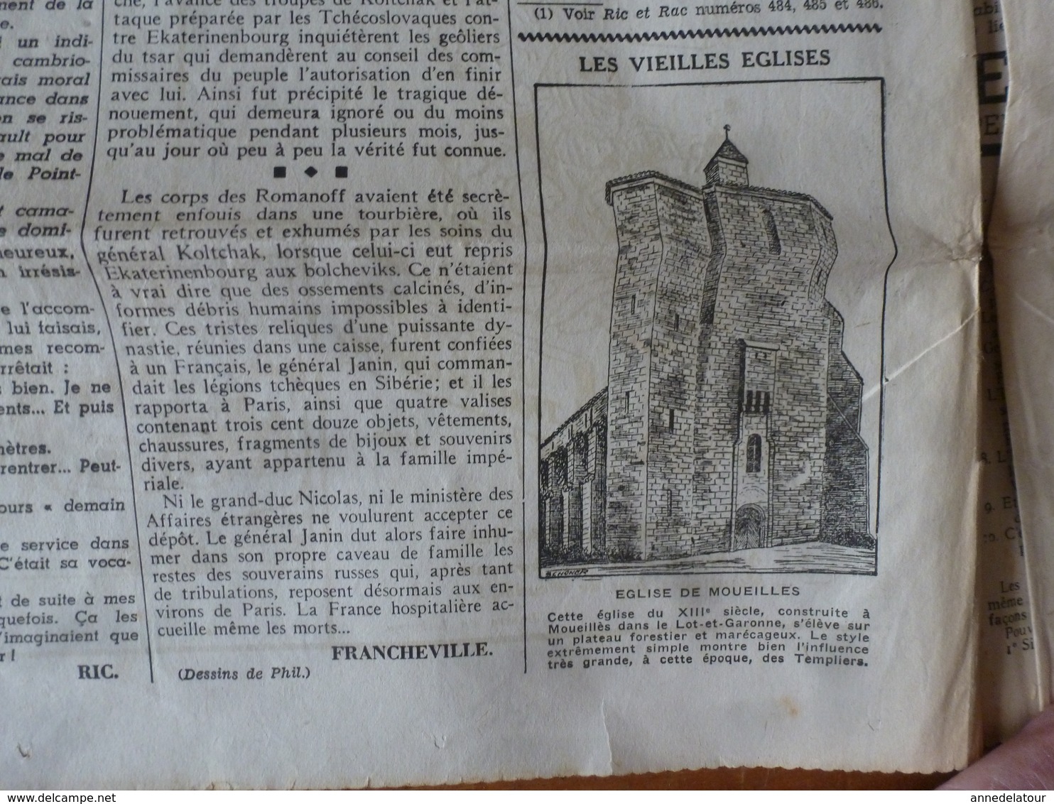 1938 RIC et RAC :Mammouth bon pour chiens;Château de Palaming;Suzanne Lenglen; Duel Floquet-Boulanger;Les Romanoff ;etc