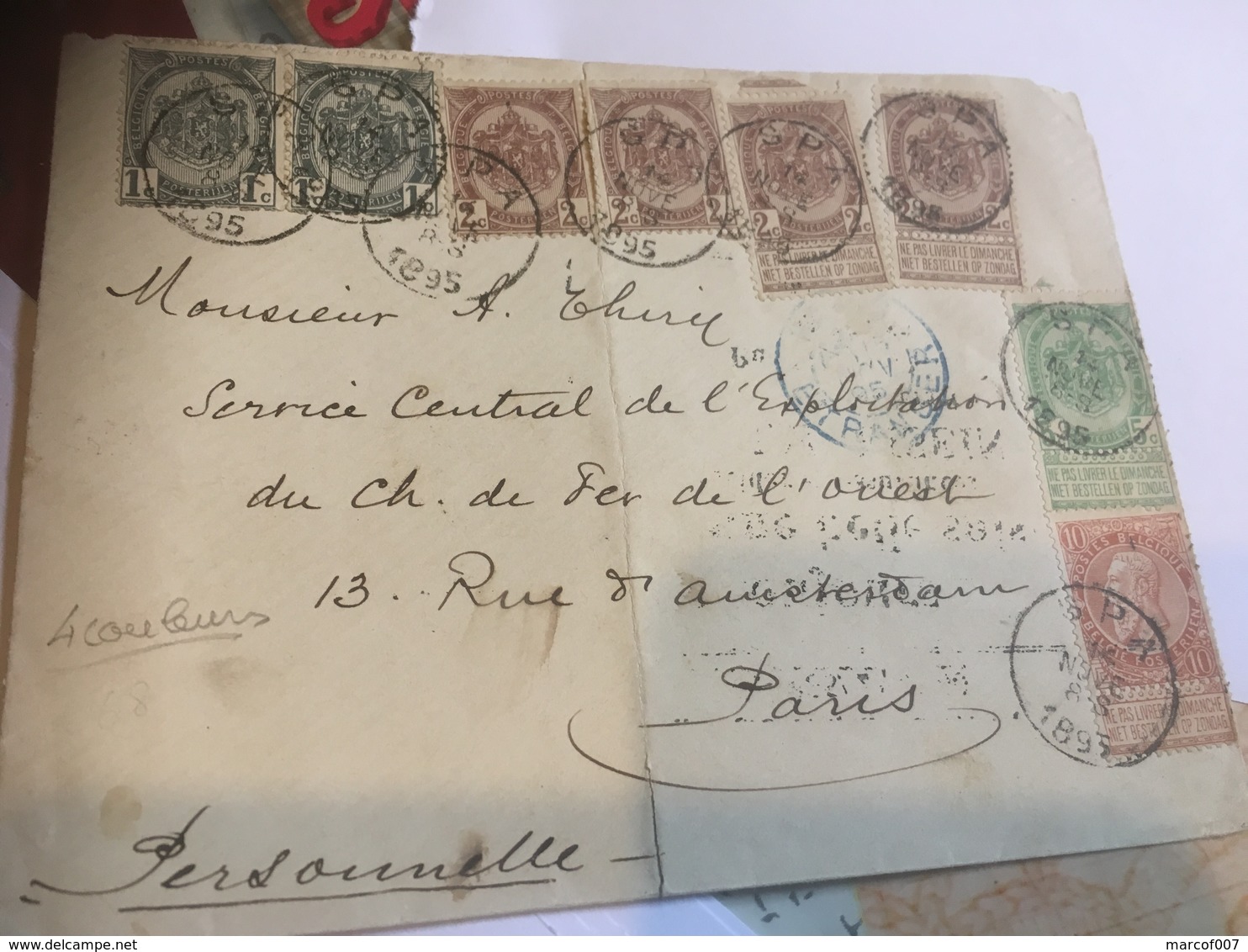 Enveloppe De Spa 1895 Avec Afranch. Quadricolore 81-82-56-58 Vers Paris + Cachet étranger Bleu - 1893-1907 Wapenschild