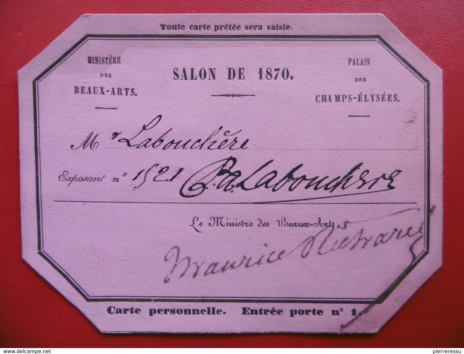 AUTOGRAPHE LABOUCHERE PAUL ANTOINE ARTISTE PEINTRE SUR CARTE SALON DE 1870 - Autres & Non Classés