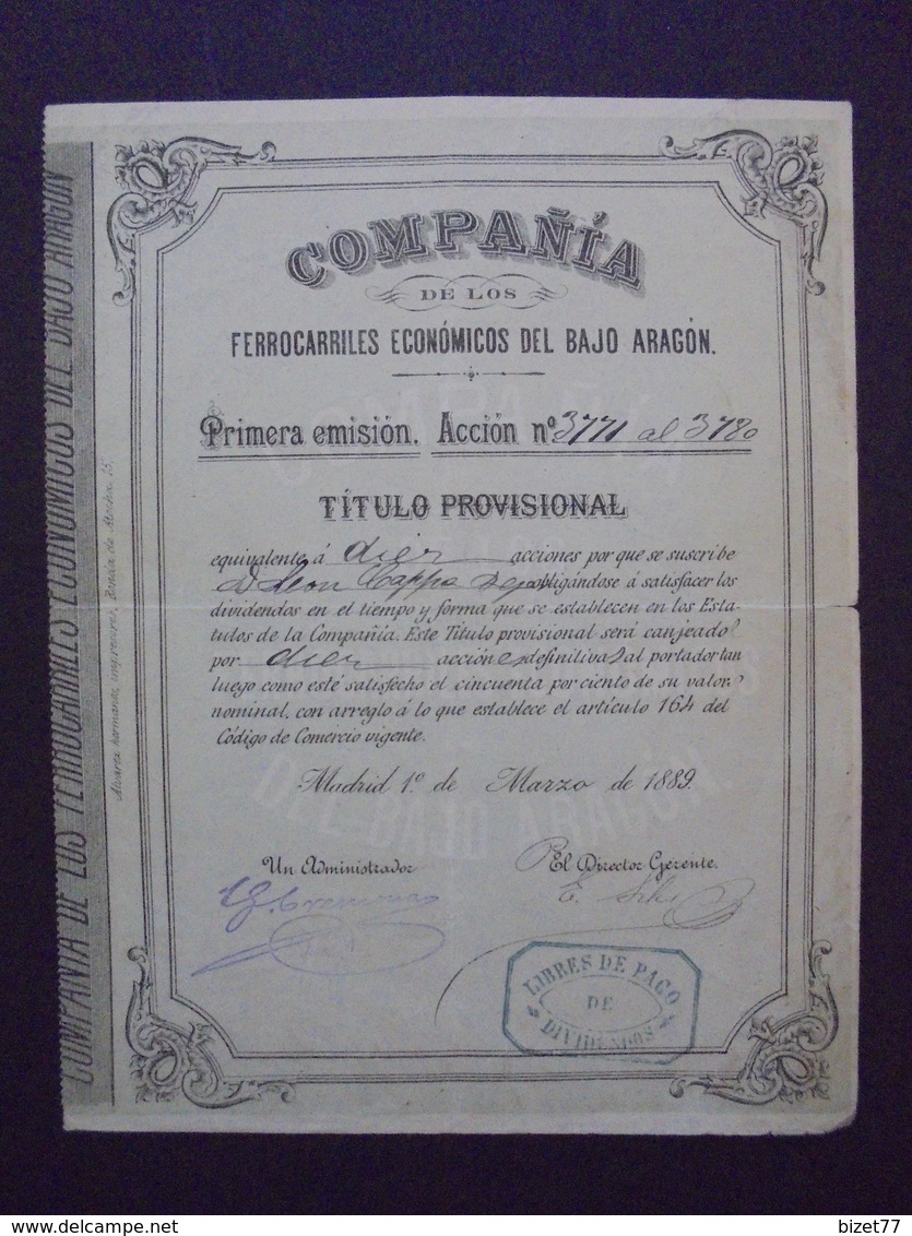 NOUVEAU - ESPAGNE - CIE DE LOS FERROCARILES DEL BAJO ARAGON - TITRE PROVISOIRE DE  10 ACTIONS - MADRID 1889 - Other & Unclassified
