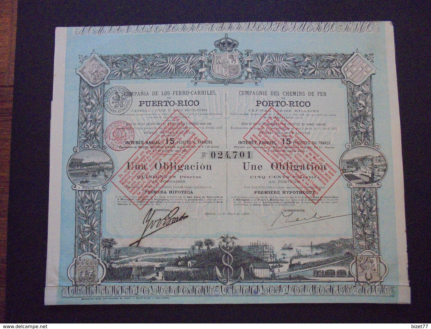 ESPAGNE - CIE DES CHEMINS DE FER DE PORTO RICO - OBLIGATION  500 FRS - MADRID 1888 - BELLE ILLUSTRATION - Other & Unclassified