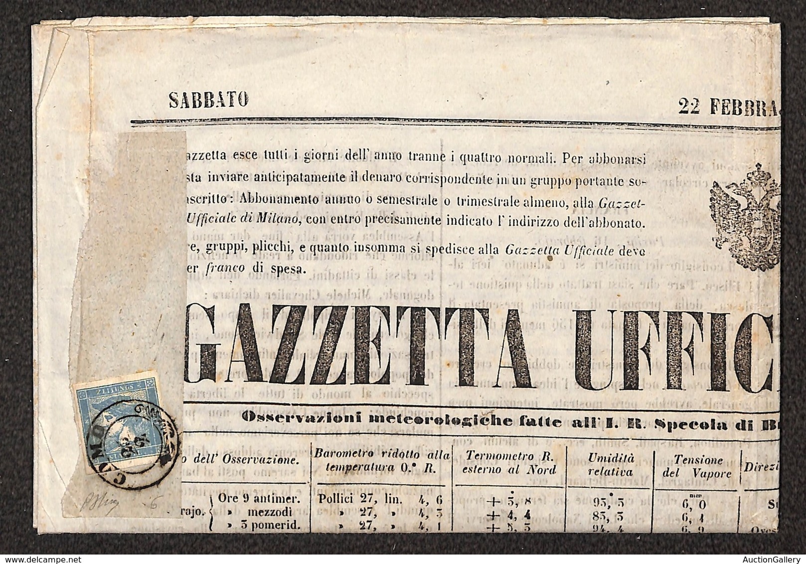 ANTICHI STATI - LOMBARDO VENETO - Per Giornali - 3 Cent Mercurio (6-carta A Coste Verticali) Isolato Su Intero Giornale  - Otros & Sin Clasificación