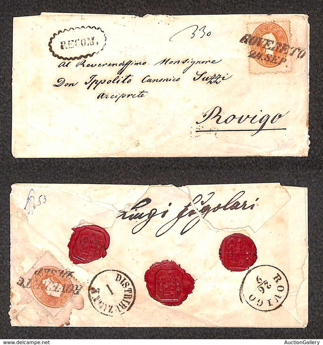 ANTICHI STATI - AUSTRIA TERRITORI ITALIANI - Recom. - Due 10 Kreuzer (20+20) Fronte Retro Su Bustina Da Rovereto A Rovig - Andere & Zonder Classificatie