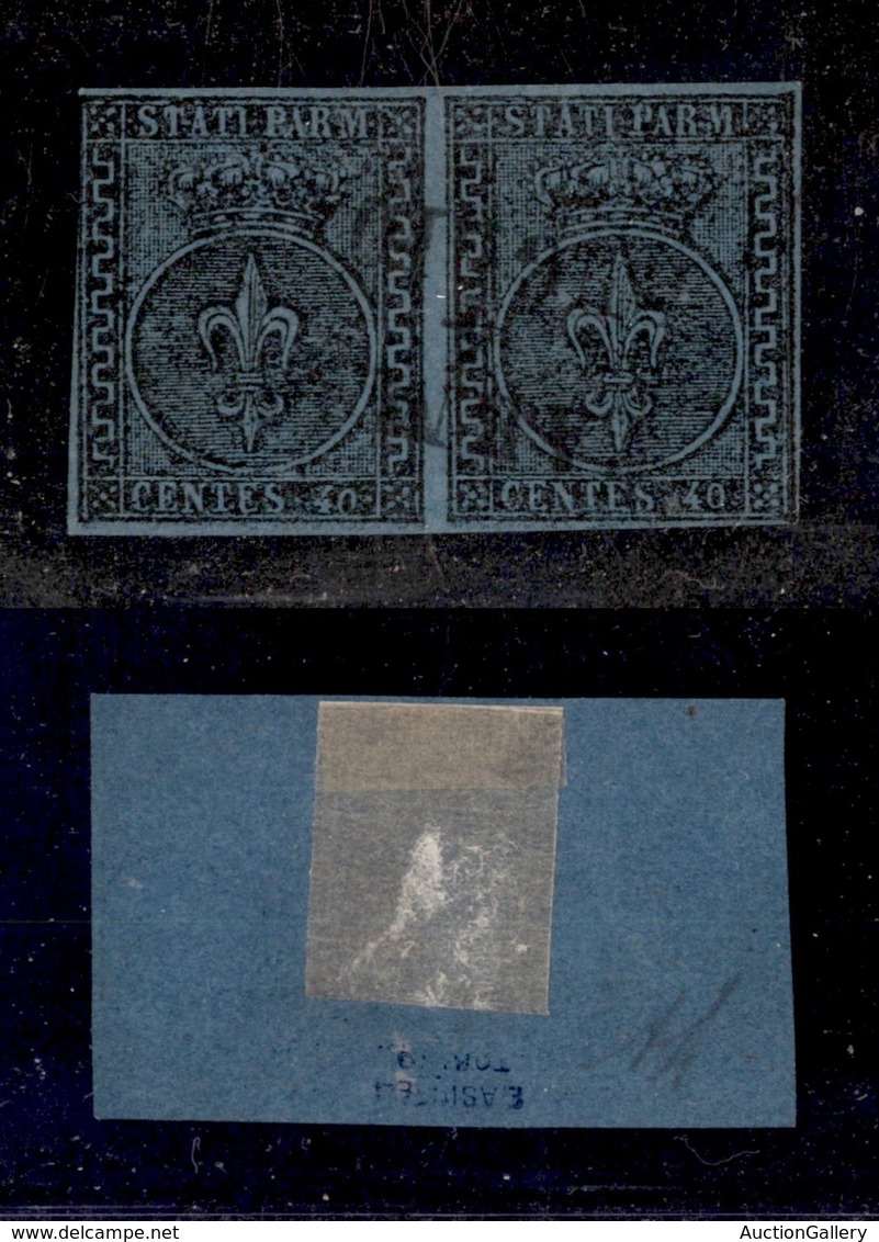 ANTICHI STATI - PARMA - 1852 - 40 Cent (5a-azzurro Chiaro) - Coppia Orizzontale Stretta A Sinistra In Alto - Diena + Cer - Otros & Sin Clasificación