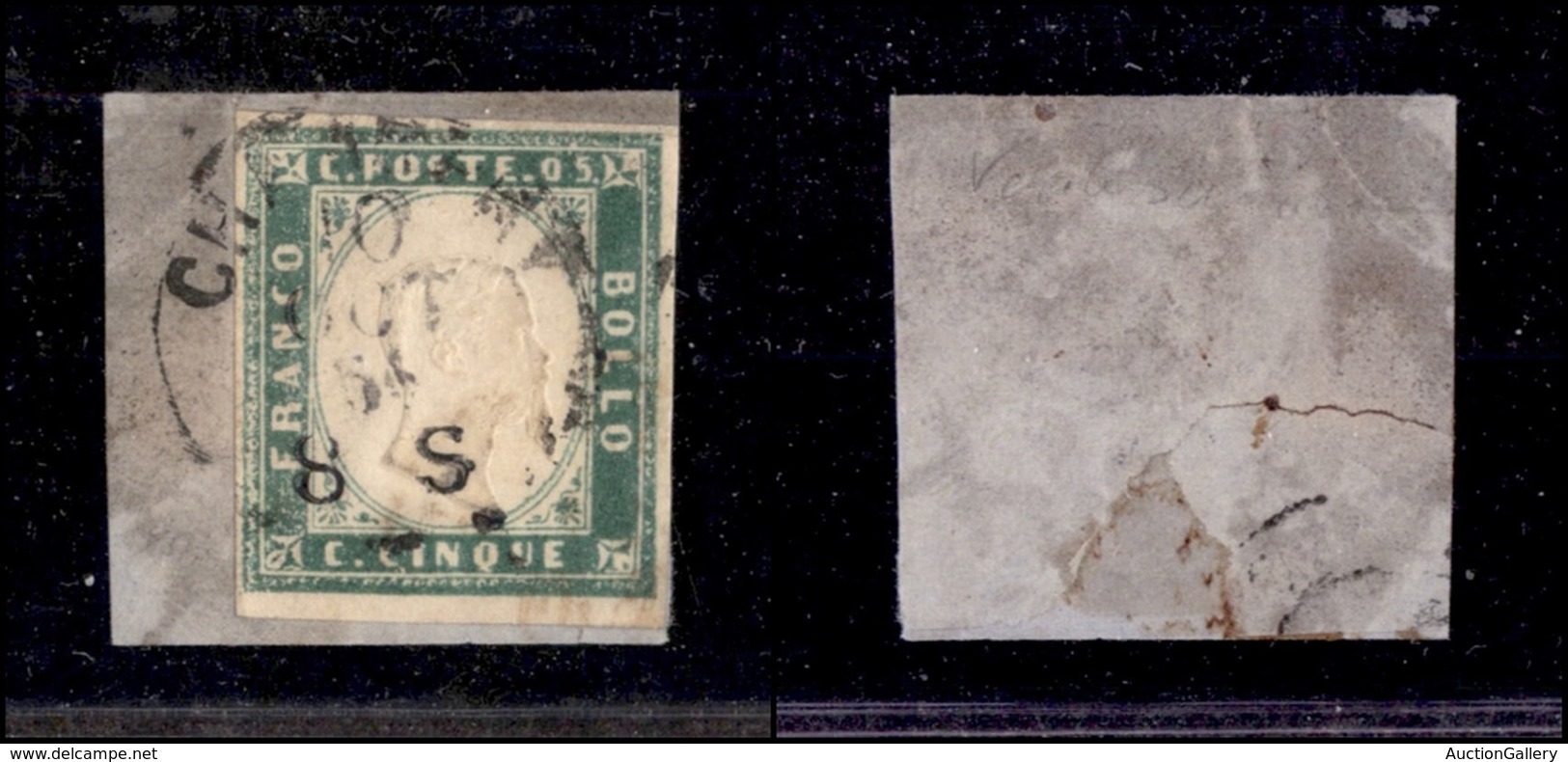 ANTICHI STATI - SARDEGNA - 1855 - 5 Cent (13c-verde Pisello) Usato Su Frammento (4.750) - Otros & Sin Clasificación