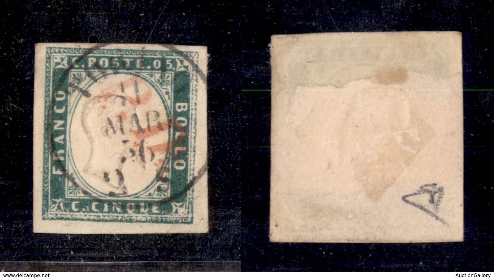 ANTICHI STATI - SARDEGNA - 1855 - 5 Cent (13f) Usato A Torino (PD In Rosso) - Diena (1.200) - Sonstige & Ohne Zuordnung