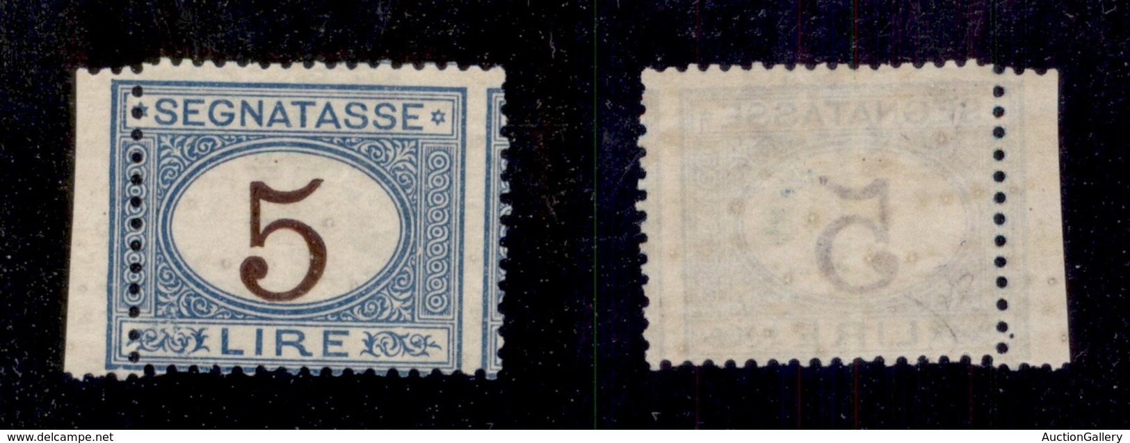 REGNO D'ITALIA - SERVIZI - 1874 - Segnatasse - 5 Lire (13-varietà Eb) Bordo Foglio - Dentellatura Verticale Spostata (2m - Otros & Sin Clasificación