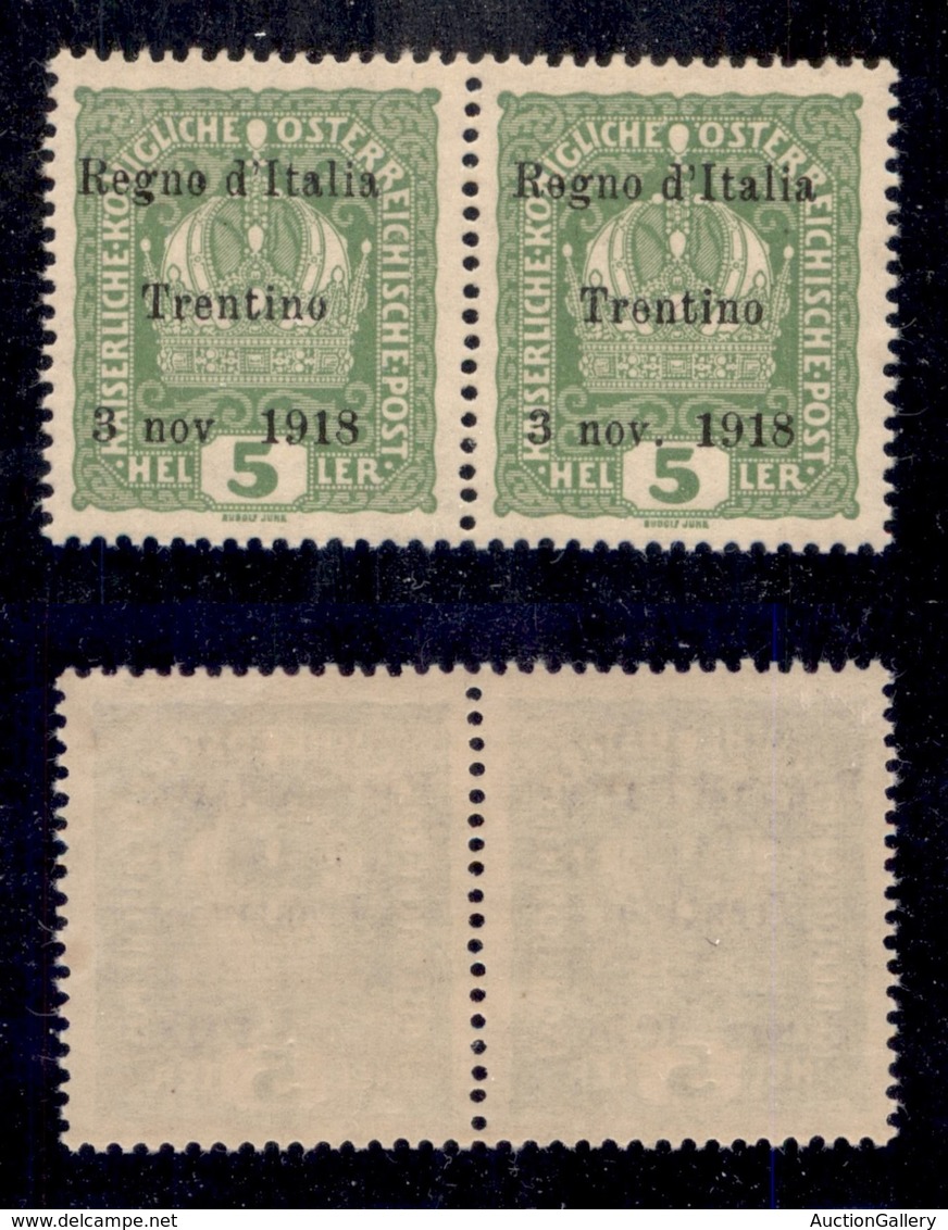 OCCUPAZIONI - TRENTINO - 1918 - 5 Heller (2f+2) - Senza Punto Dopo Nov Con Coppia Col Normale - Gomma Originale Con Liev - Otros & Sin Clasificación