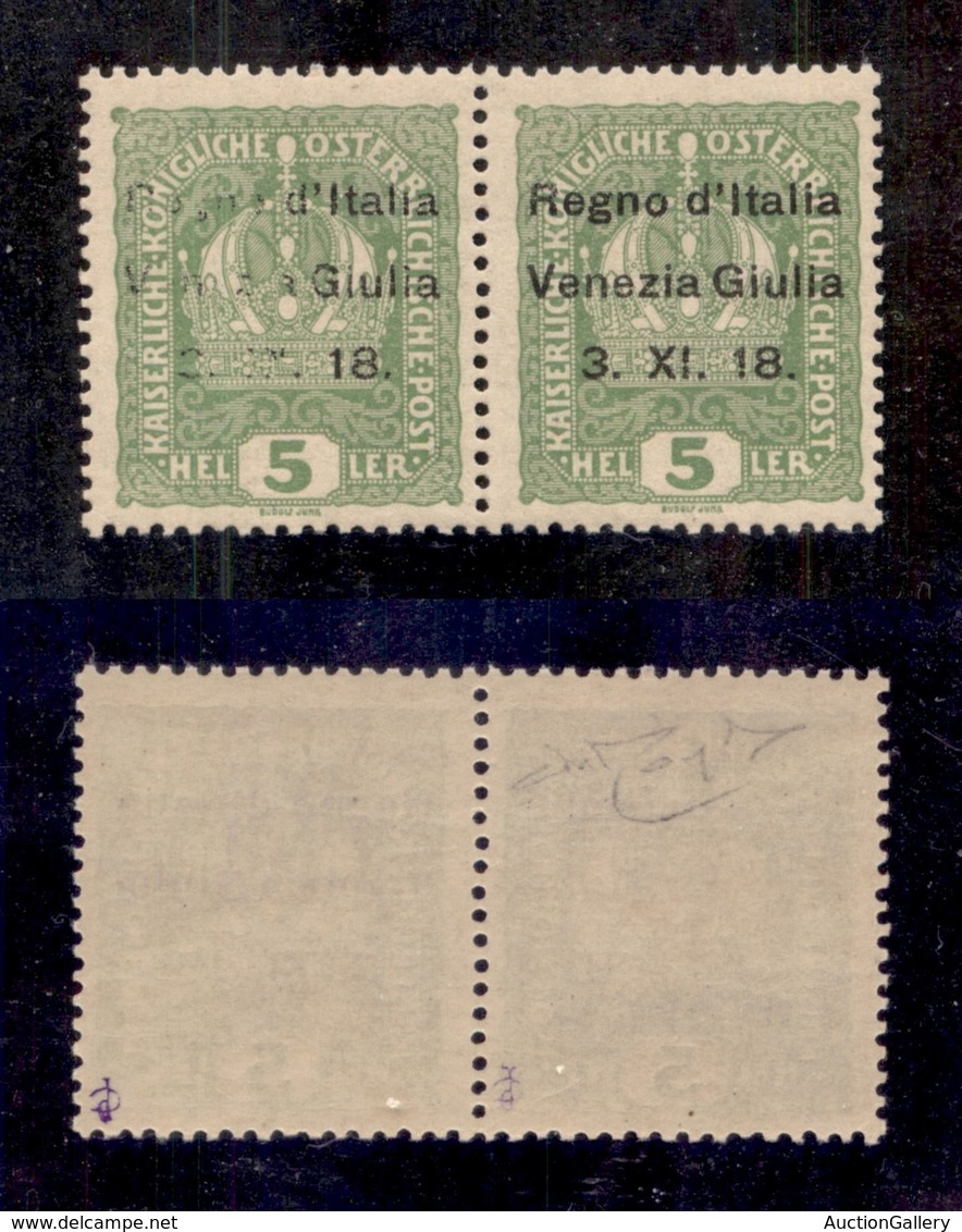 OCCUPAZIONI - VENEZIA GIULIA - 1918 - 5 Heller (2 Varietà Ca+2) Con Soprastampa Incompleta In Coppia Col Normale - Gomma - Other & Unclassified