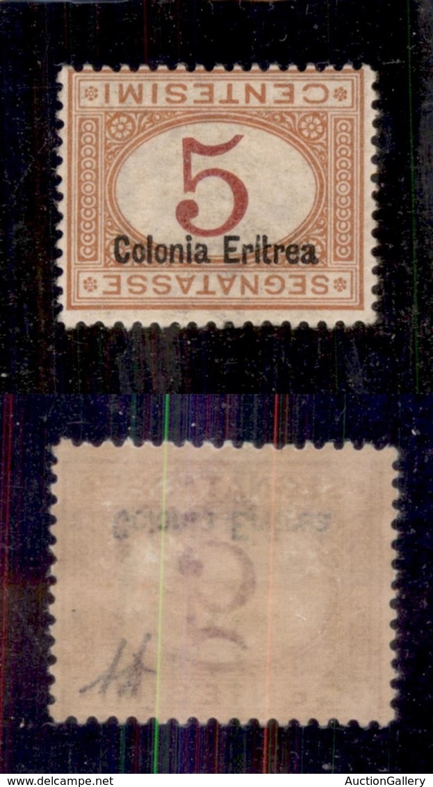 COLONIE - ERITREA - 1920 - Segnatasse - 5 Cent (14a) - Cifra E Soprastampa Capovolte - Gomma Originale - Diena + Cert. A - Otros & Sin Clasificación