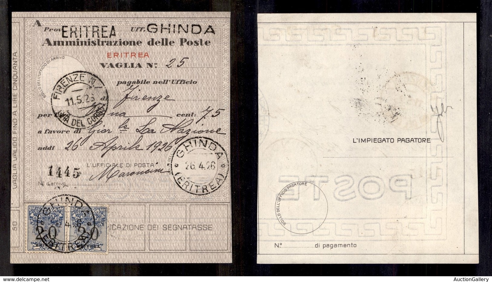 COLONIE - ERITREA - Segnatasse Vaglia - Due 20 Cent (1) Su Bollettino Vaglia Da Ghinda Del 26.4.26 (1.600) - Otros & Sin Clasificación