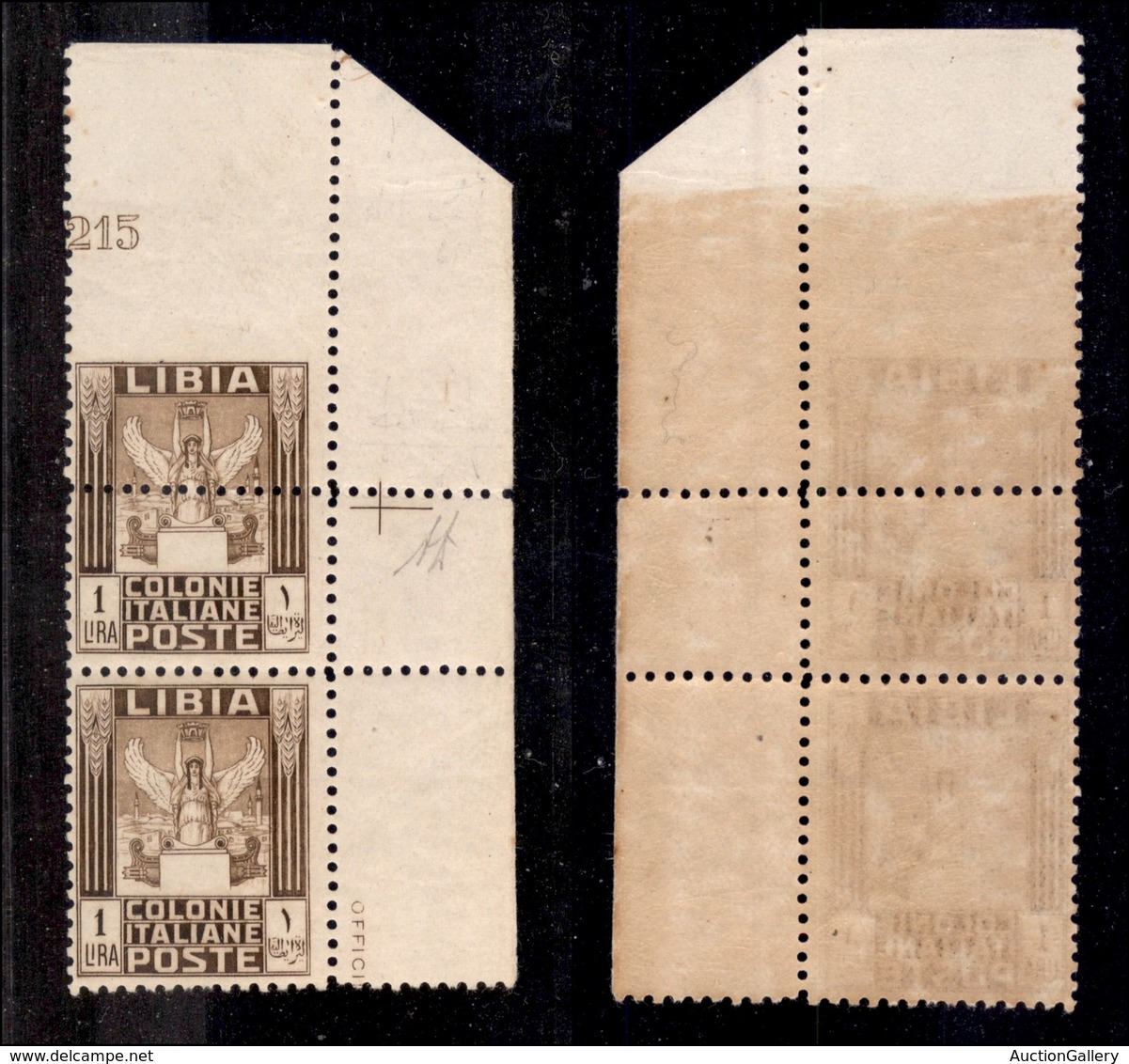 COLONIE - LIBIA - 1926 - 1 Lira Pittorica (65ca+65) - Coppia Angolo Di Foglio Con Numero Di Tavola (215) + Dentellatura  - Sonstige & Ohne Zuordnung