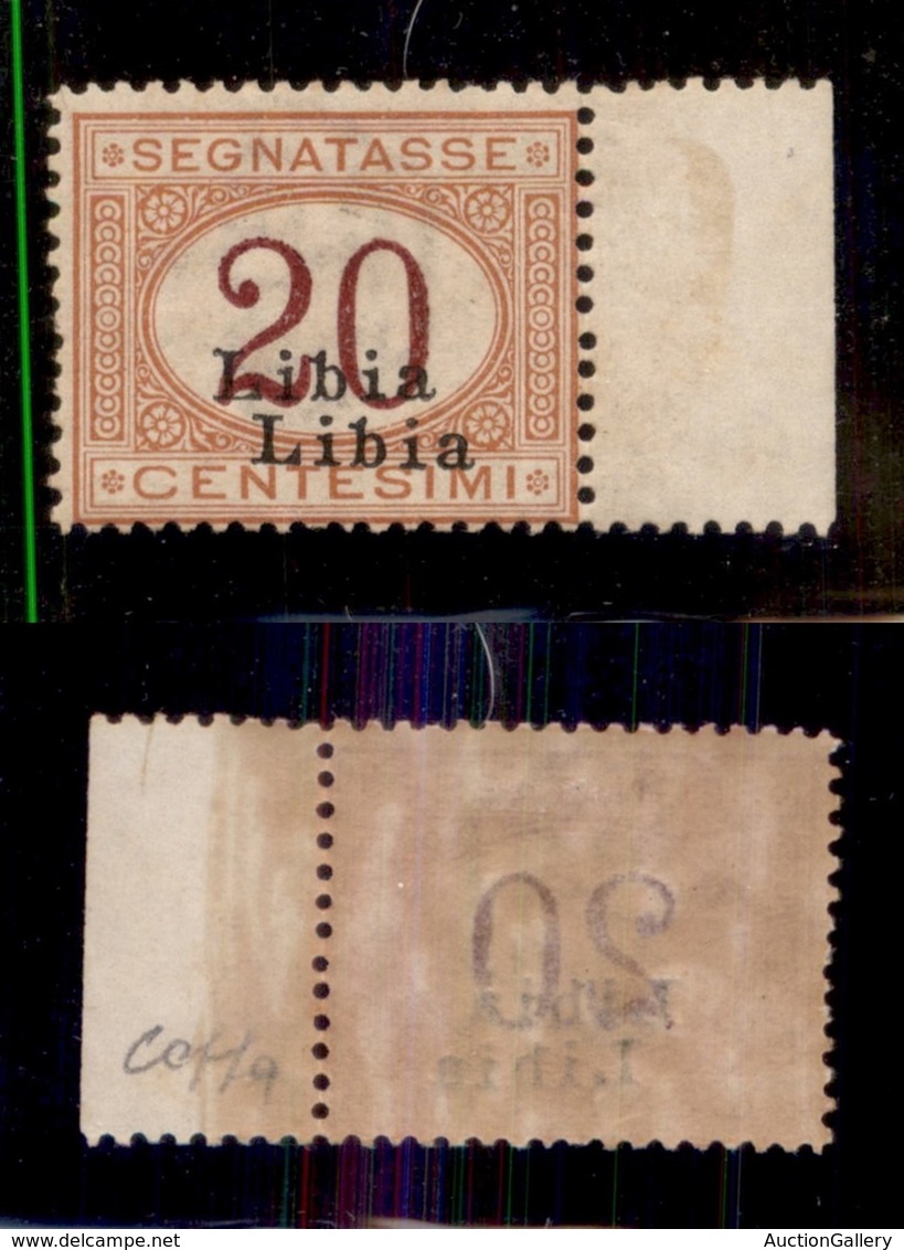 COLONIE - LIBIA - 1915 - Segnatasse - 20 Cent (3b) Con Doppia Soprastampa - Gomma Integra - Colla + Cert. AG (1.125+) - Otros & Sin Clasificación