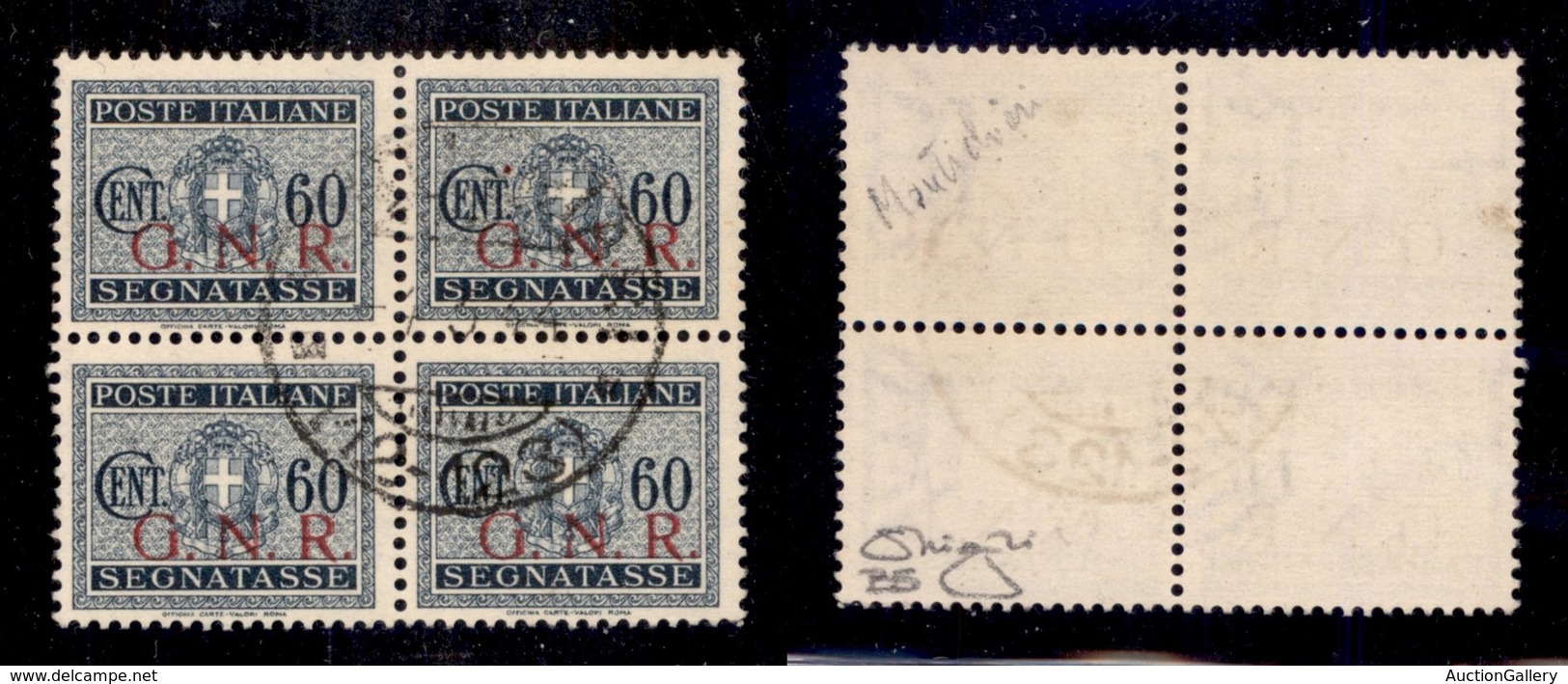 RSI - 1943 - Segnatasse - 60 Cent (54/I-Brescia) - Quartina Usata - Cert. Oro Raybaudi + Cert. AG (8.800+) - Otros & Sin Clasificación