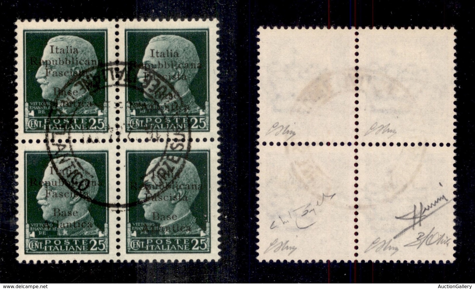 EMISSIONI LOCALI - BASE ATLANTICA - 1943 - 25 Cent (9+9g) - Quartina Usata L Diversa In Alto A Sinistra - Oliva + Raybau - Otros & Sin Clasificación