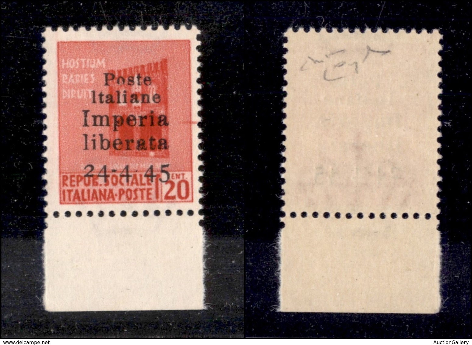 EMISSIONI C.L.N. - IMPERIA - 1945 - Non Emesso - 20 Cent (22d) Bordo Foglio - Senza Trattino Tra 4 E 45 - Gomma Integra  - Otros & Sin Clasificación