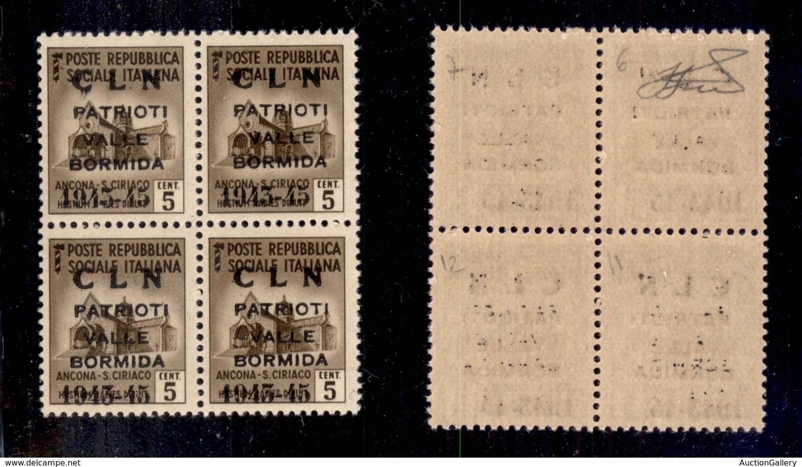 EMISSIONI C.L.N. - VALLE BORMIDA - 1945 - Soprastampa Modificata - 5 Cent (1A) In Quartina - Gomma Integra - Cert. AG (1 - Sonstige & Ohne Zuordnung