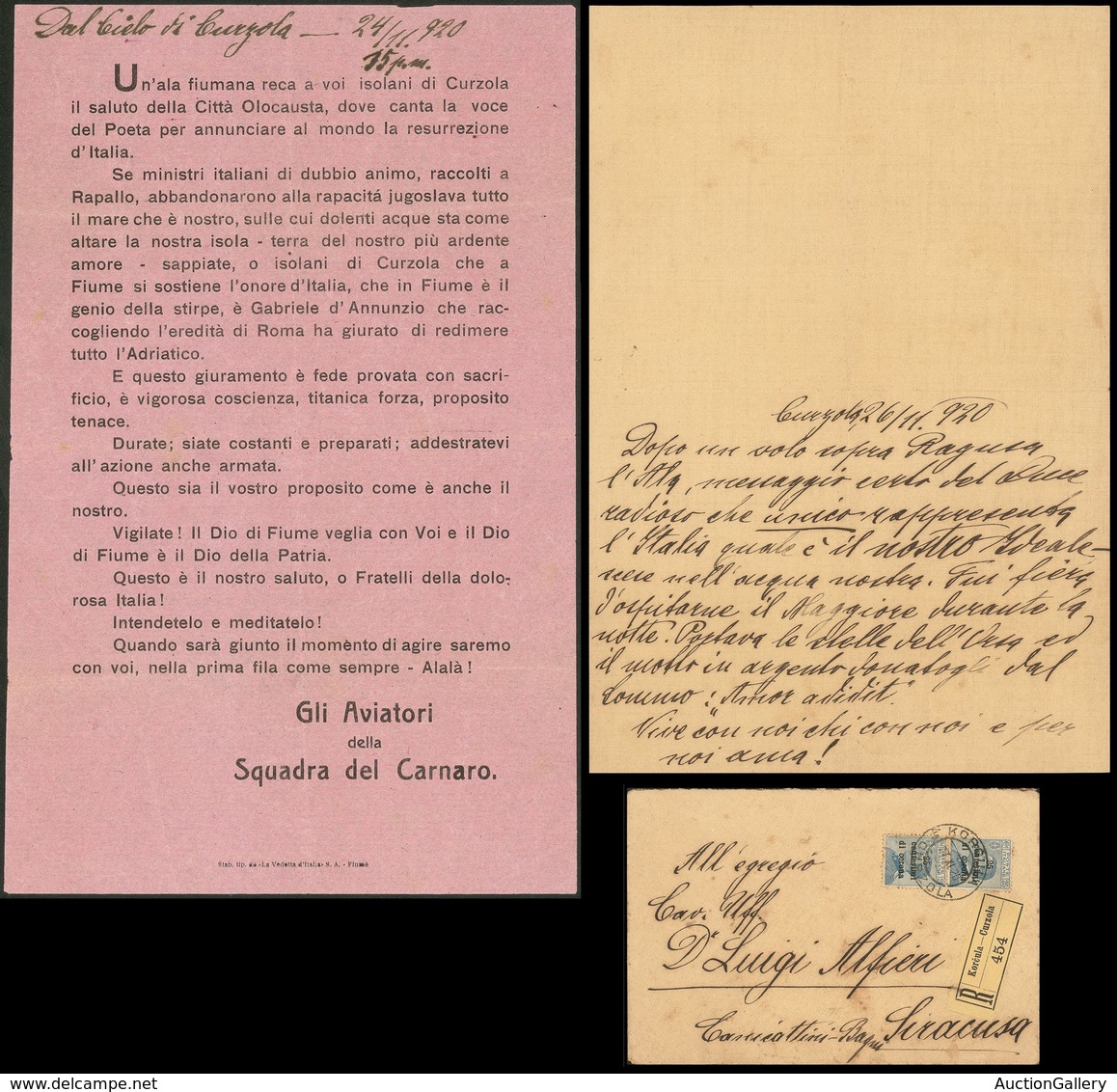 POSTA AEREA - 1920  - 24/11 - 15 P.m. - Dal Cielo Di Curzola - Gli Aviatori Della Squadra Del Carnaro - Busta Raccomanda - Autres & Non Classés