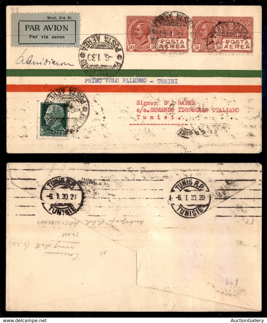 POSTA AEREA - 1930  - (6 Gennaio) - Palermo Tunisi (2054) - Autografo Arcidiacono - 32 Volati - Sonstige & Ohne Zuordnung