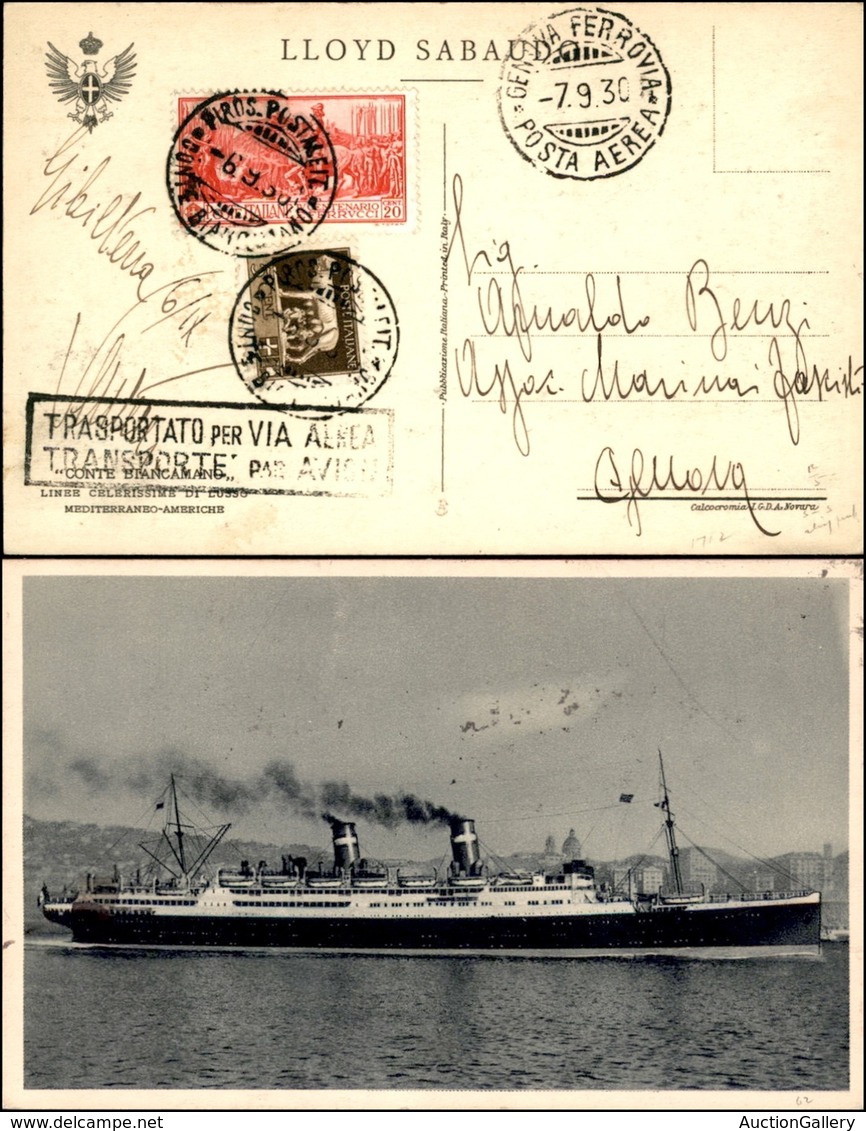 POSTA AEREA - 1930  - (6 Settembre) - Gibilterra Genova (2235) - Cartolina Dal Piroscafo Conte Biancamano - 5 Volati - Otros & Sin Clasificación
