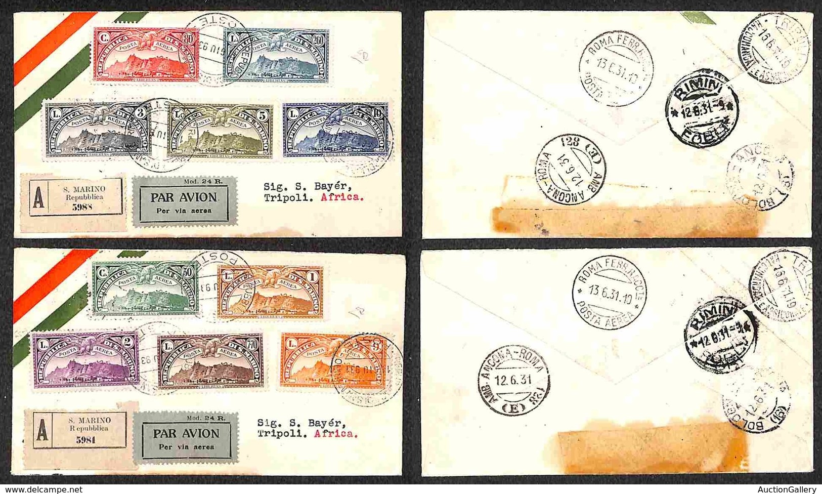 POSTA AEREA - 1931  - (11 Giugno) - S. Marino (Roma) Tripoli (2395) - Due Aerogrammi FDC Con La Serie Completa Nel Giorn - Otros & Sin Clasificación