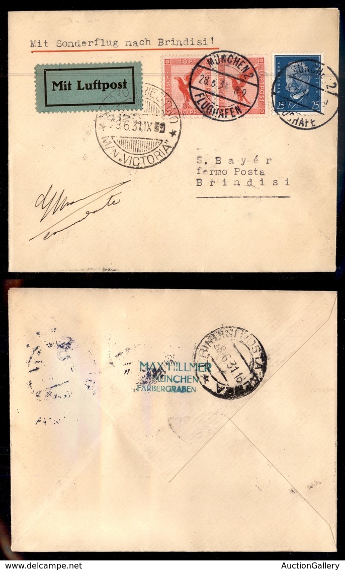 POSTA AEREA - 1931  - (28 Giugno) - Monaco Brindisi (2411) - Annullo Di Bordo M/N Victoria + Autografo Del Pilota Comand - Otros & Sin Clasificación