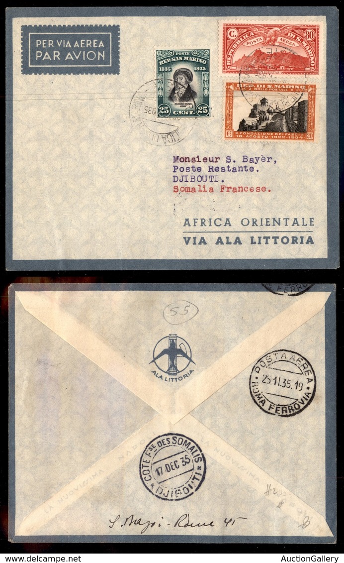POSTA AEREA - 1935  - (3 Dicembre) - S. Marino Djibouti (3433) - Meno Di 5 Volati - Otros & Sin Clasificación