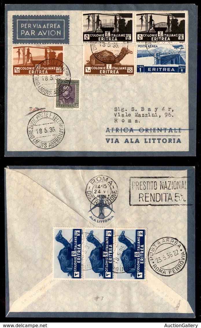 POSTA AEREA - 1936  - (18 Maggio) - Addis Abeba Roma (3560) - Con Affrancatura Fronte Retro Di Eritrea - Pochi Volati - Otros & Sin Clasificación