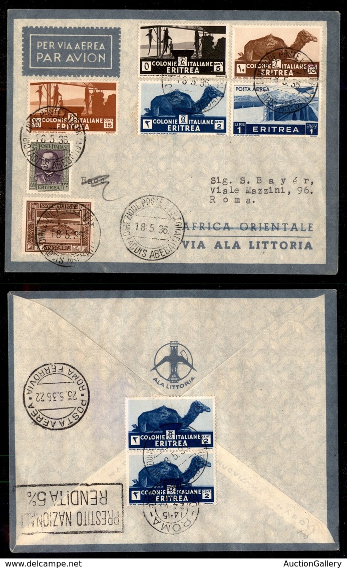 POSTA AEREA - 1936  - (18 Maggio) - Addis Abeba Roma (3562) - Affrancatura Mista Eritrea/Somalia - 5 Volati - Otros & Sin Clasificación