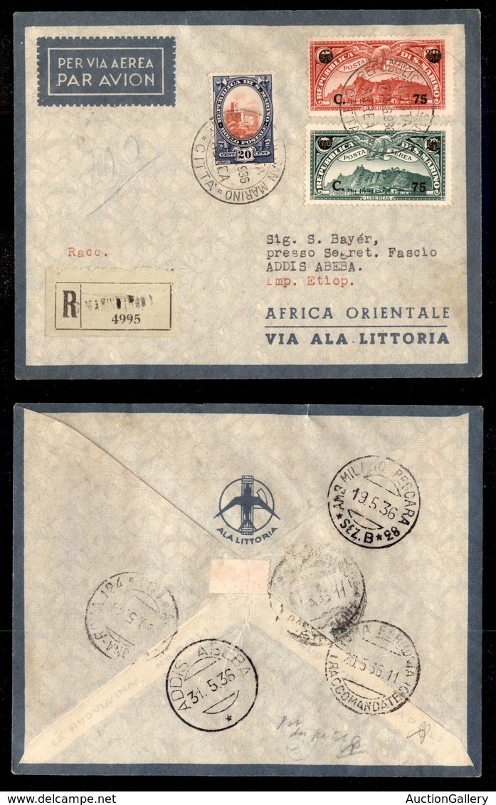 POSTA AEREA - 1936  - (20 Maggio) - S. Marino (Roma) Addis Abeba (3565) - Aerogramma Raccomandato - Pochi Volati - Autres & Non Classés