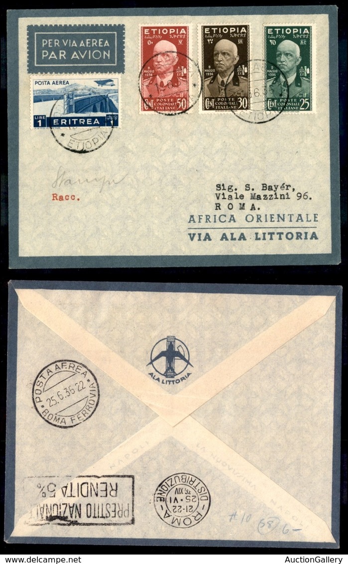 POSTA AEREA - 1936  - (18 Giugno) - Addis Abeba Roma (3571 - Nota) - Stampe Raccomandate Con Affrancatura Mista Eritrea  - Otros & Sin Clasificación