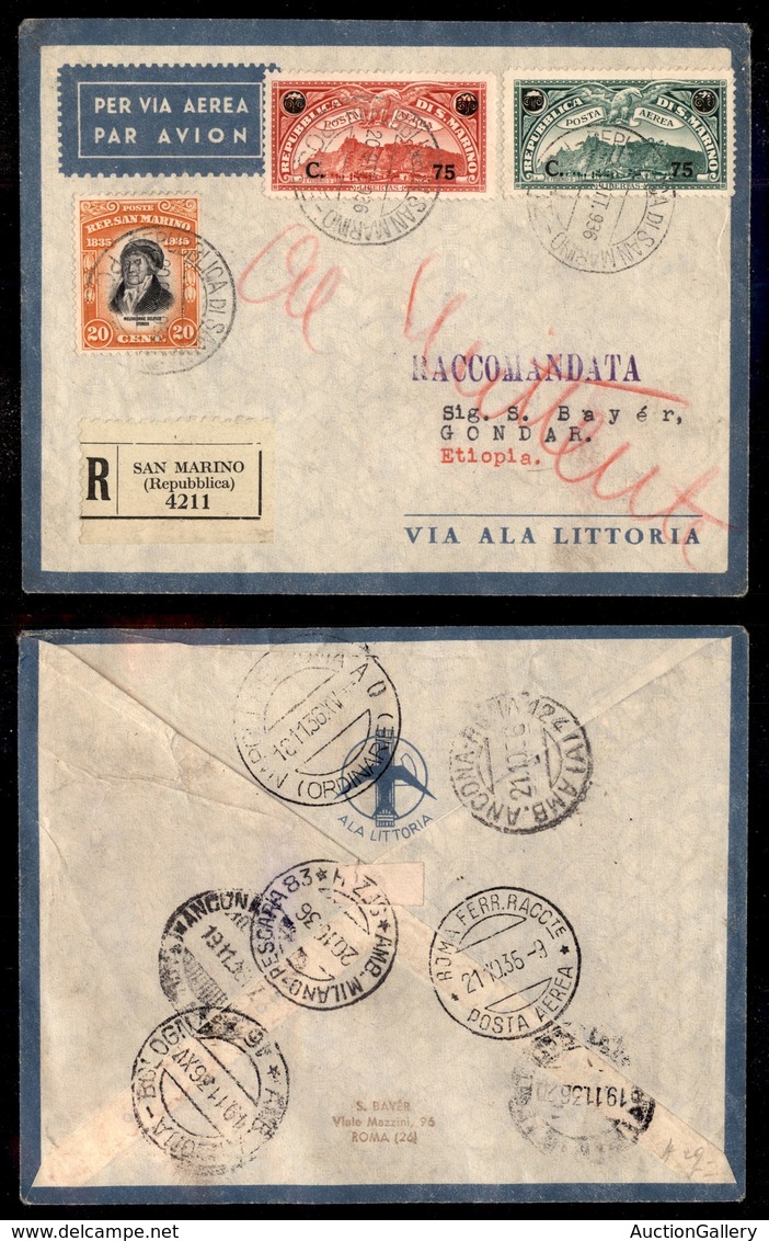 POSTA AEREA - 1936  - (22 Ottobre) - San Marino Gondar (3611) - Aerogramma Raccomandato - 29 Volati - Otros & Sin Clasificación