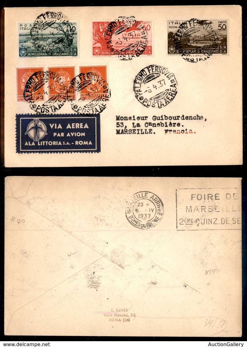 POSTA AEREA - 1937  - (6 Aprile) - Palermo Marsiglia (3639) - 58 Volati - Otros & Sin Clasificación