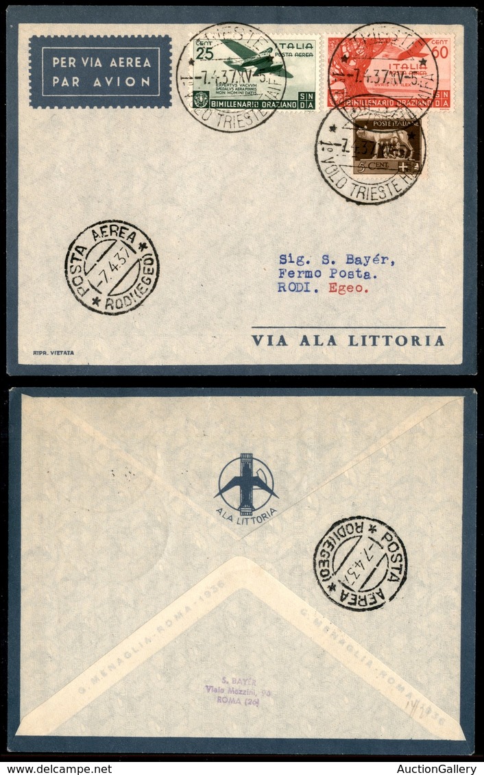 POSTA AEREA - 1937  - (7 Aprile) - Trieste Rodi (3657) - 20 Volati - Otros & Sin Clasificación