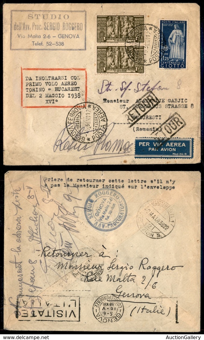 POSTA AEREA - 1938  - (2 Maggio) - Torino Bucarest (3778) - Aerogramma Da Genova - Pochissimi Volati - Autres & Non Classés