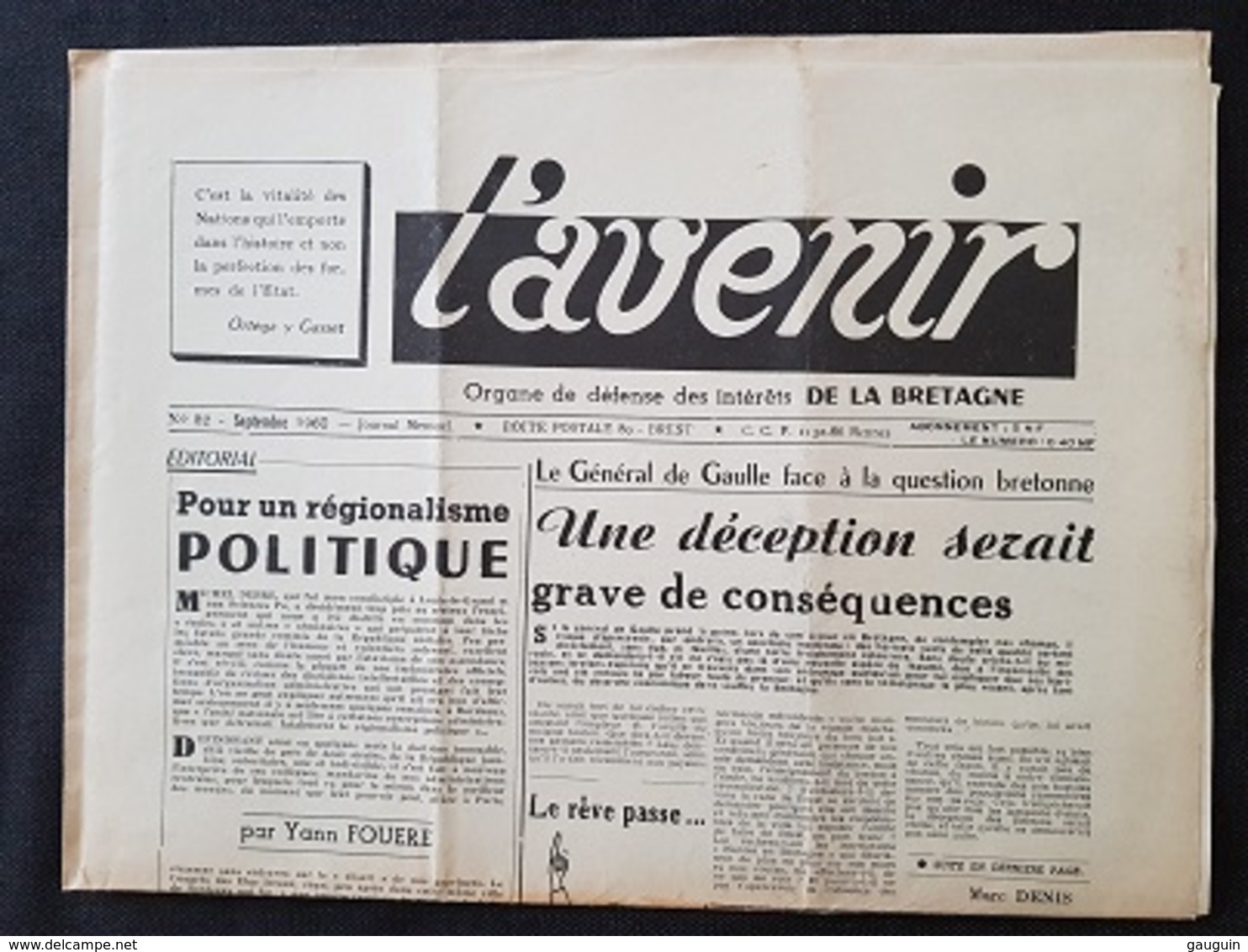 JOURNAL L'AVENIR - Défense Des Intérêts De La BRETAGNE - Mensuel - Parution Septembre 1960 (visite De De Gaulle) - 1950 - Today